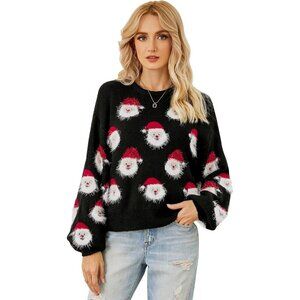 Women's Ugly Christmas Black Sweater Funny Santa Knit Pullover Holiday Party Top